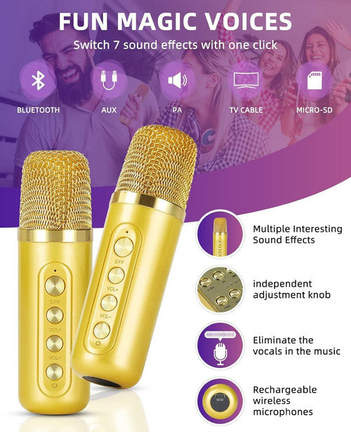 Gold Karaoke Machine with 2 Wireless Microphones Bluetooth-Compatible 5.0 for Parties