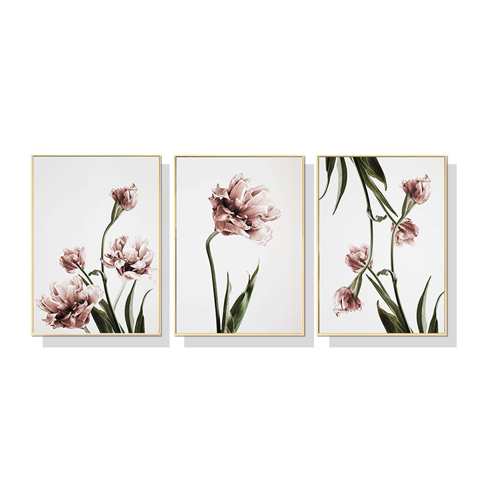 Wall Art 70cmx100cm Tulip Flower 3 Sets Gold Frame Canvas