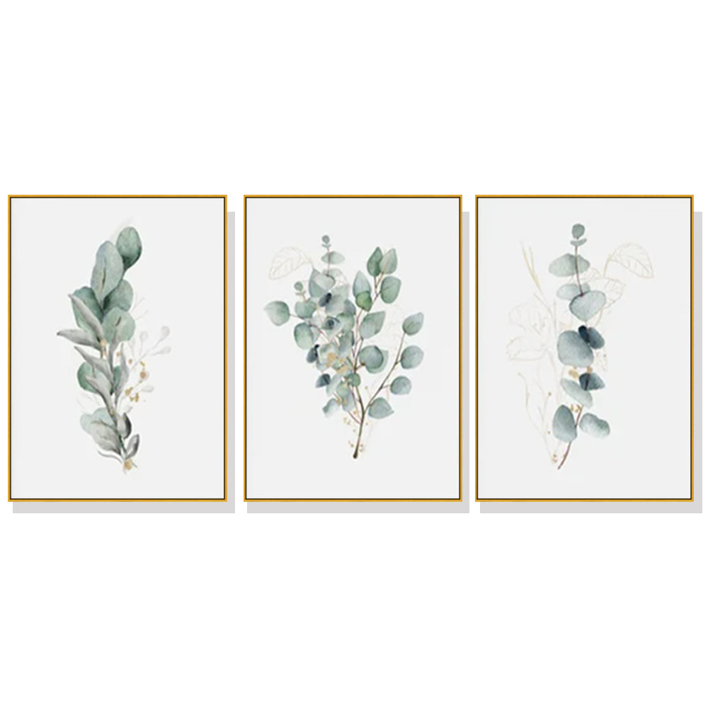 Wall Art 80cmx120cm Eucalyptus Plant 3 Sets Gold Frame Canvas