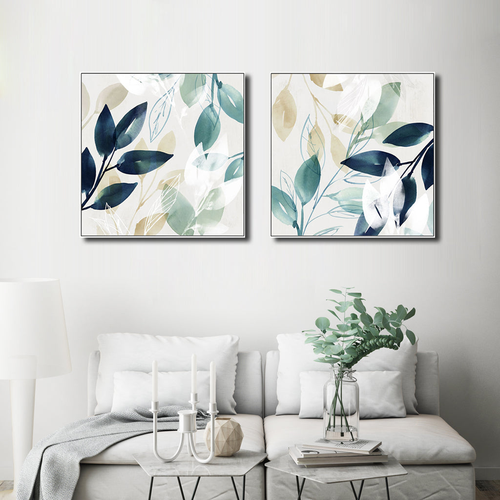 Wall Art 90cmx90cm Watercolour style leaves 2 Sets White Frame Canvas