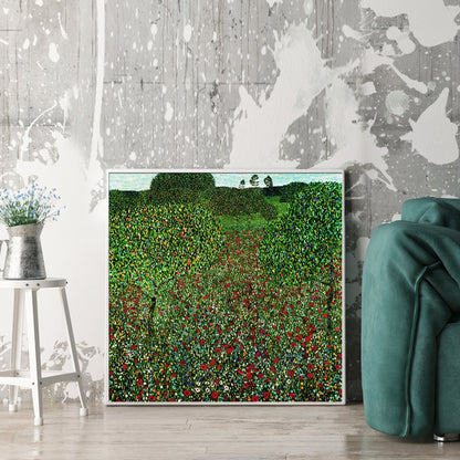 Wall Art 40cmx40cm Field of Poppies by Gustav Klimt White Frame Canvas