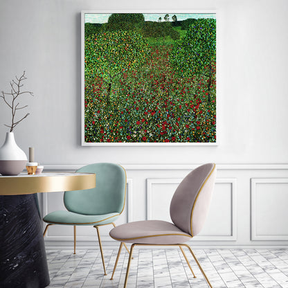 Wall Art 80cmx80cm Field of Poppies by Gustav Klimt White Frame Canvas