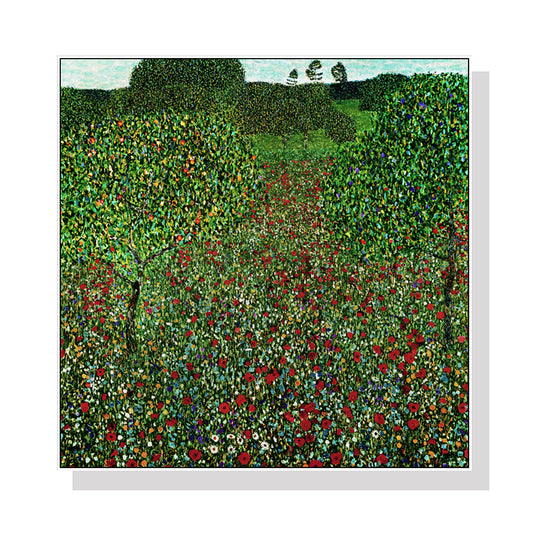 Wall Art 100cmx100cm Field of Poppies by Gustav Klimt White Frame Canvas