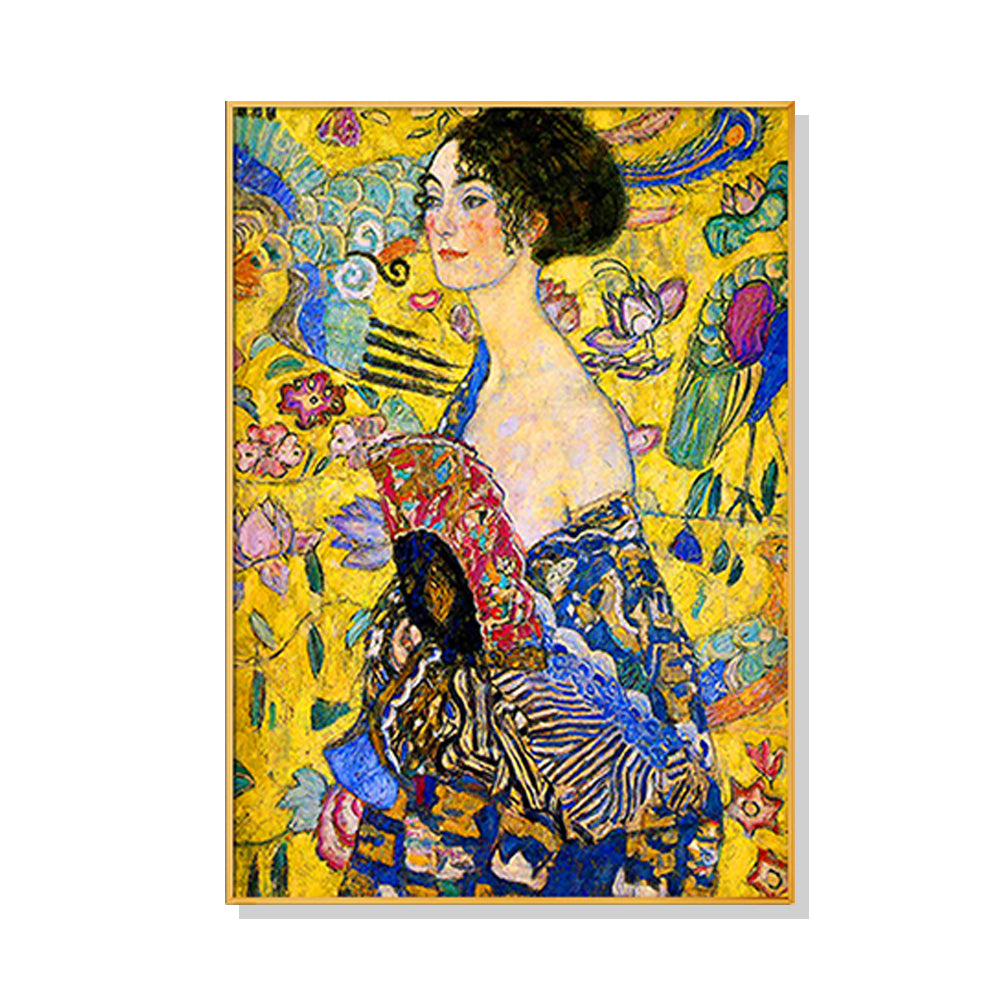 Wall Art 90cmx135cm Lady With A fan By Klimt Gold Frame Canvas