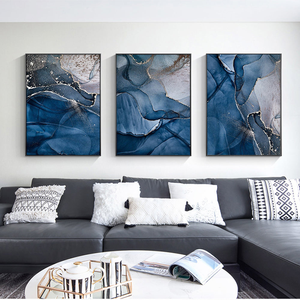 Wall Art 80cmx120cm Blue Gold Marble 3 Sets Black Frame Canvas