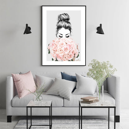 Wall Art 90cmx135cm Roses Girl Black Frame Canvas