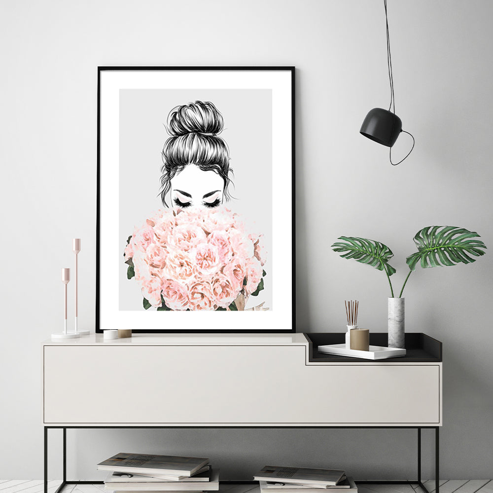 Wall Art 100cmx150cm Roses Girl Black Frame Canvas