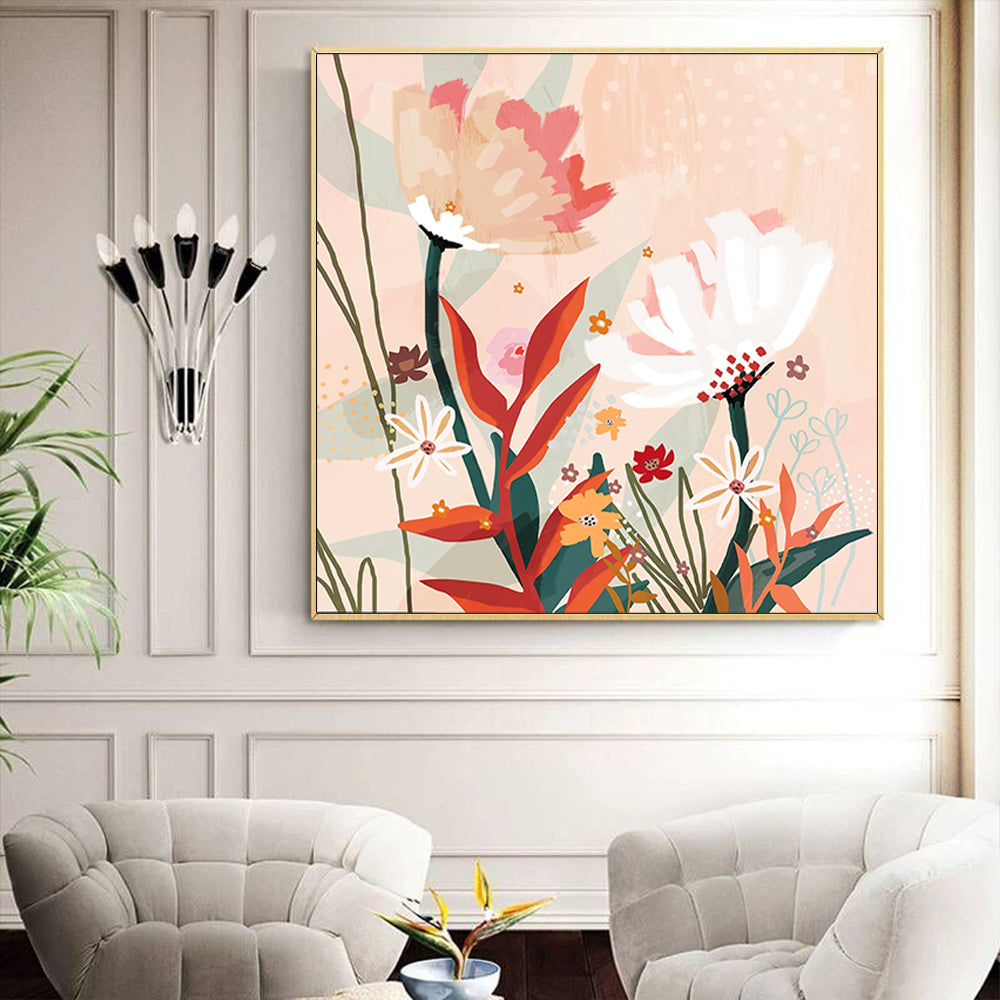 Wall Art 90cmx90cm Native Floral Gold Frame Canvas