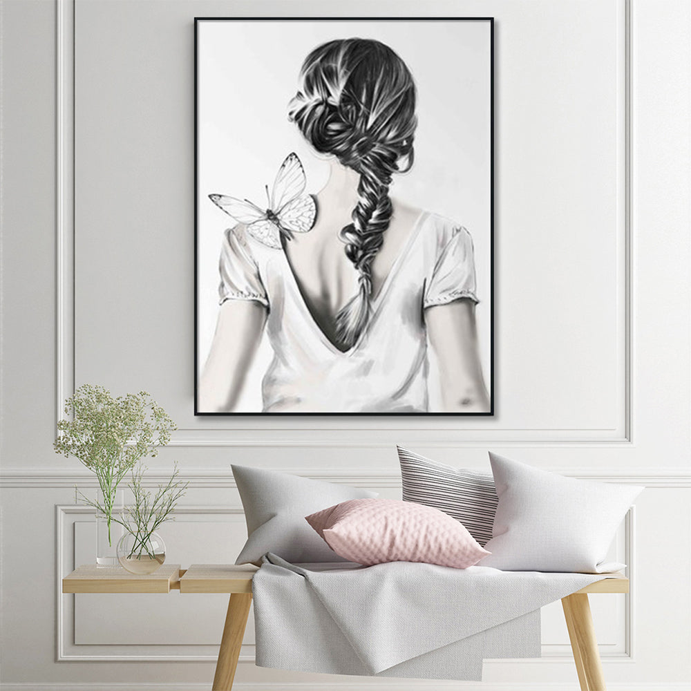 Wall Art 40cmx60cm Woman Back With Butterfly Black Frame Canvas