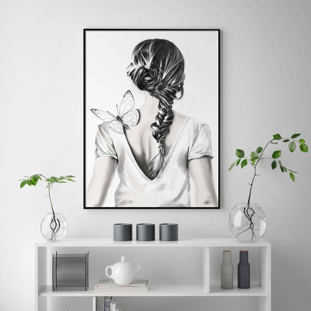 Wall Art 40cmx60cm Woman Back With Butterfly Black Frame Canvas