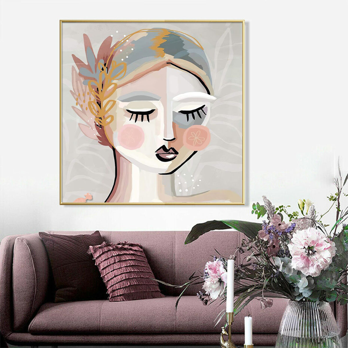 Wall Art 100cmx100cm Calm Girl Gold Frame Canvas