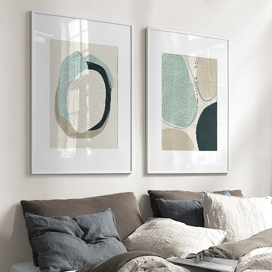 Wall Art 90cmx135cm Abstract Green Circle 2 Sets White Frame Canvas