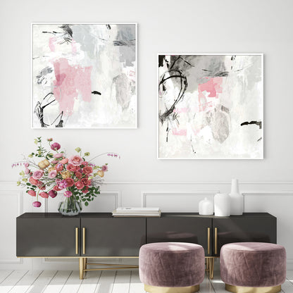 Wall Art 90cmx90cm Abstract Pink Grey 2 Sets White Frame Canvas