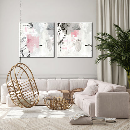 Wall Art 90cmx90cm Abstract Pink Grey 2 Sets White Frame Canvas