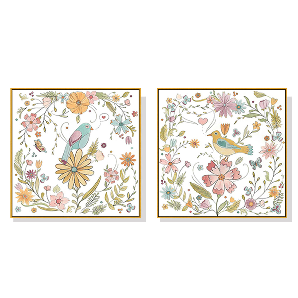 Wall Art 90cmx90cm Floral birds 2 Sets Gold Frame Canvas