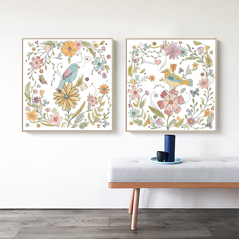 Wall Art 90cmx90cm Floral birds 2 Sets Gold Frame Canvas