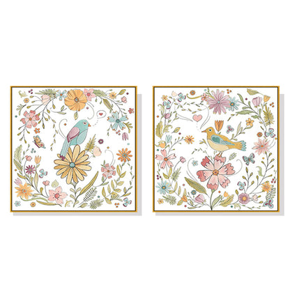 Wall Art 70cmx70cm Floral birds 2 Sets Gold Frame Canvas