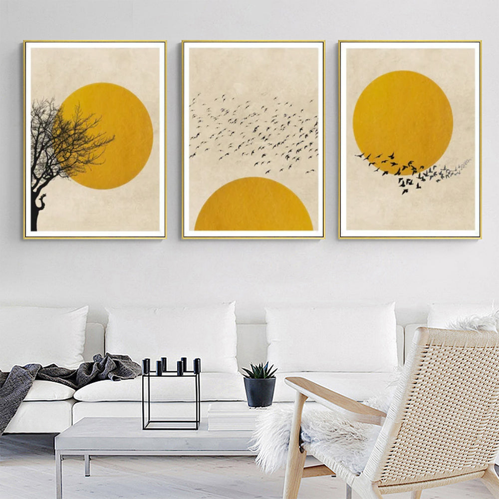 Wall Art 80cmx120cm Flock Of Birds Sun Silhouette 3 Sets Gold Frame Canvas