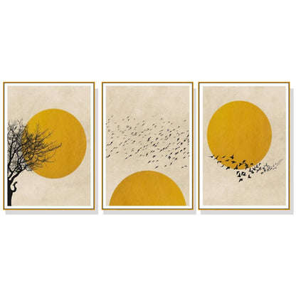 Wall Art 100cmx150cm Flock Of Birds Sun Silhouette 3 Sets Gold Frame Canvas