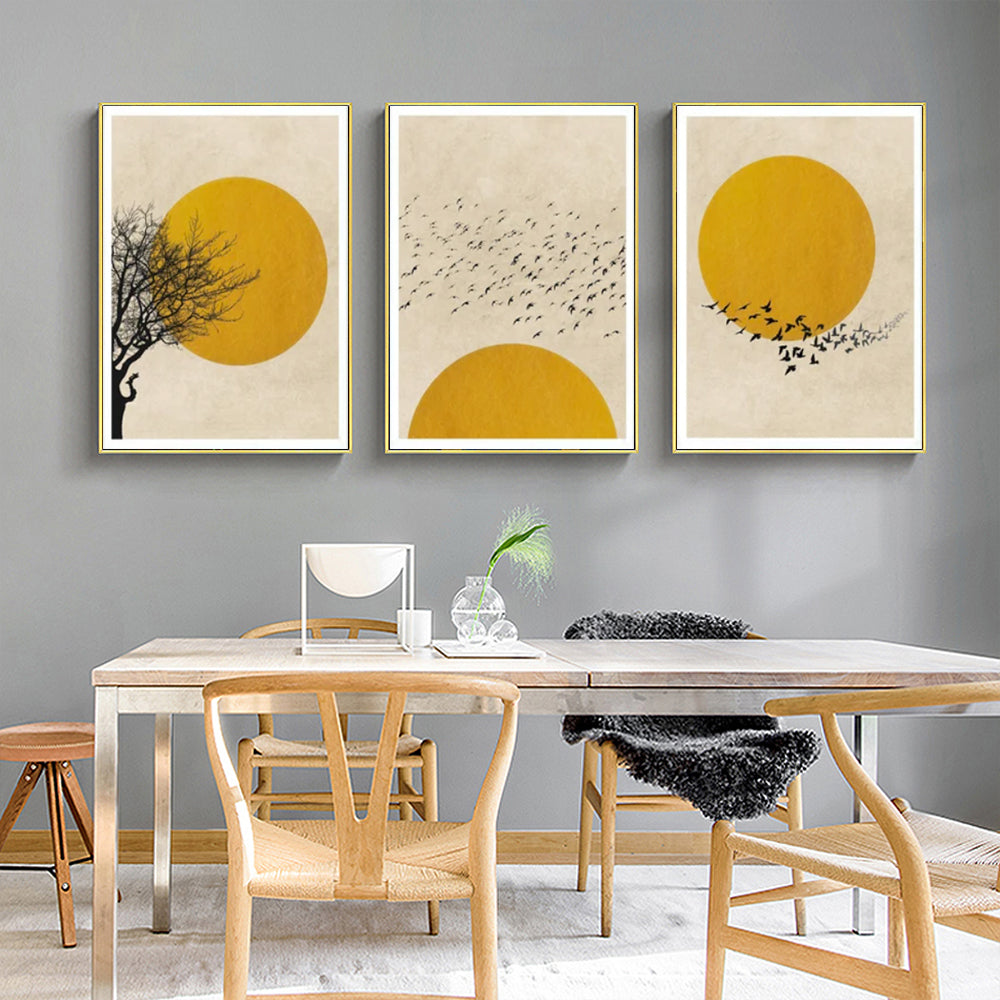 Wall Art 60cmx90cm Flock Of Birds Sun Silhouette 3 Sets Gold Frame Canvas