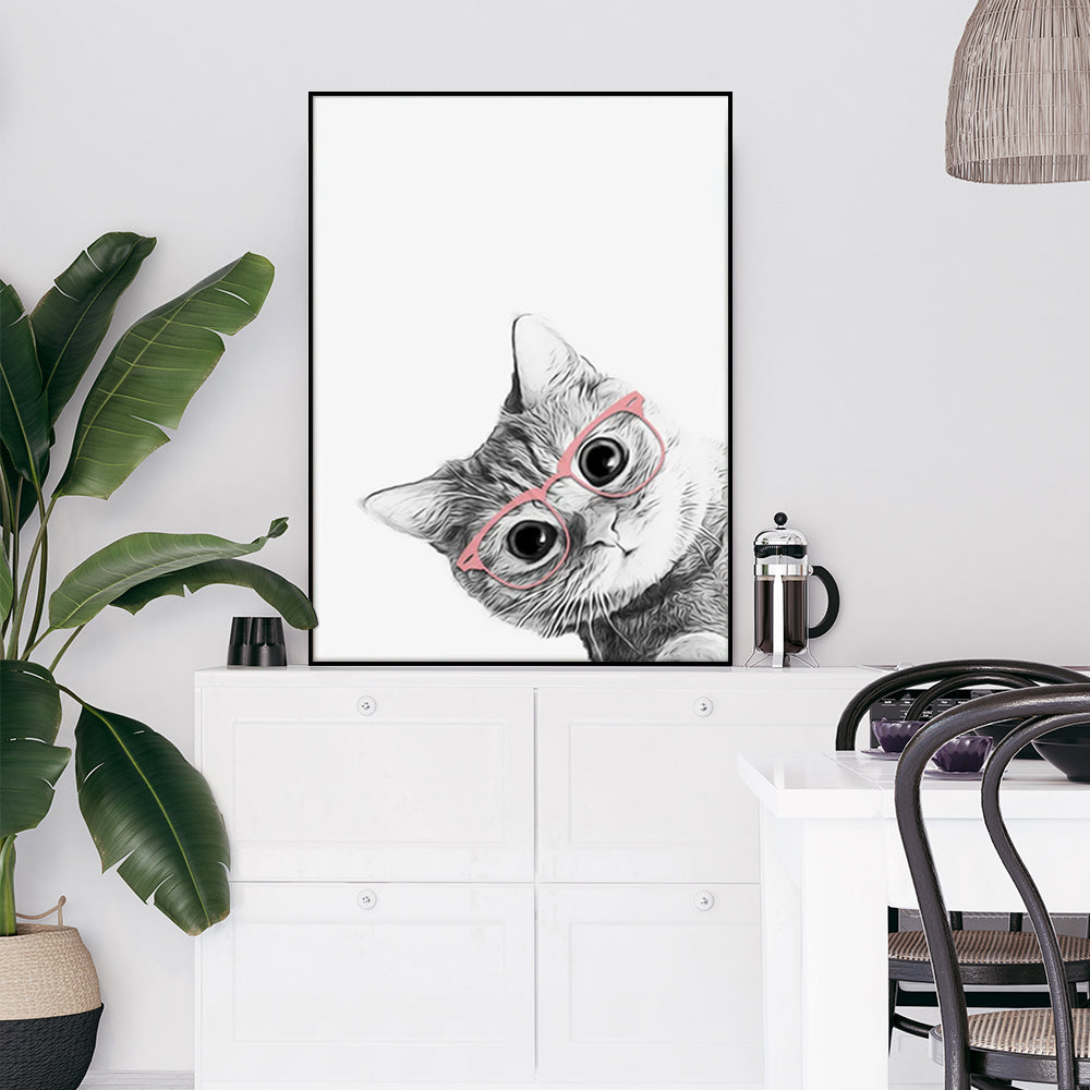 Wall Art 80cmx120cm Cat With Glasses Black Frame Canvas