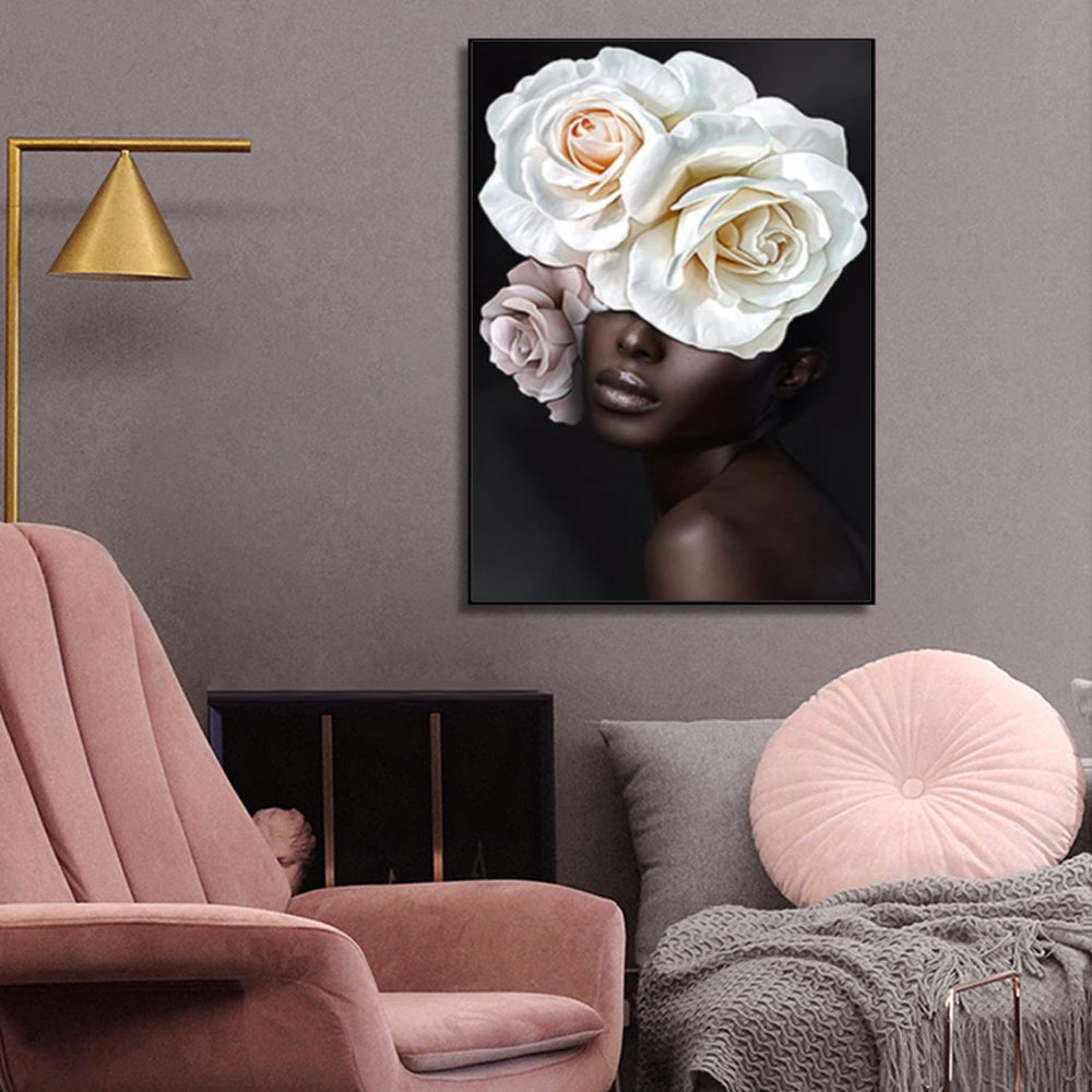 Wall Art 40cmx60cm Flower African Woman Black Frame Canvas