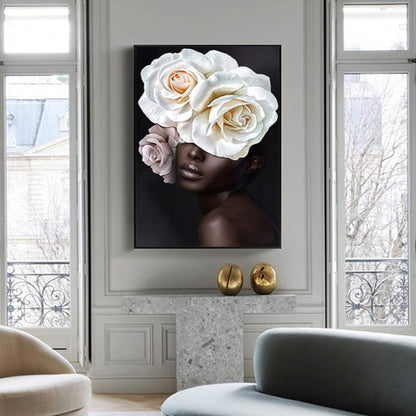 Wall Art 50cmx70cm Flower African Woman Black Frame Canvas