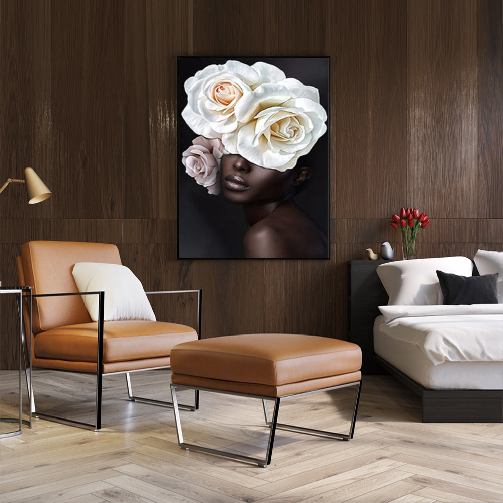 Wall Art 60cmx90cm Flower African Woman Black Frame Canvas