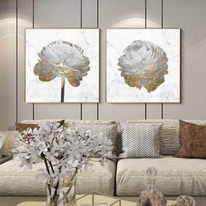 Wall Art 90cmx90cm Gold And White Blossom On White 2 Sets Gold Frame Canvas