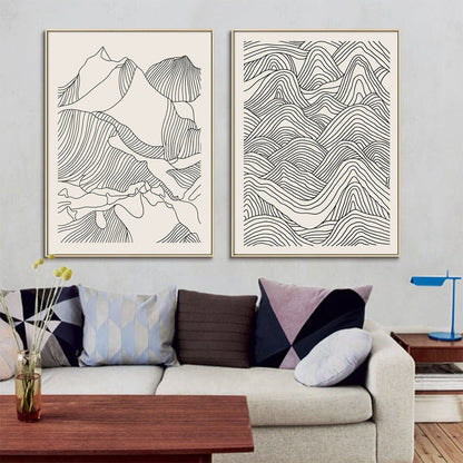 Wall Art 50cmx70cm Line Art Mountain 2 Sets Gold Frame Canvas