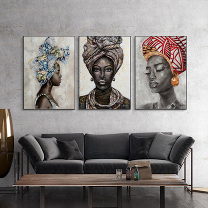 Wall Art 80cmx120cm African women II 3 Sets Black Frame Canvas