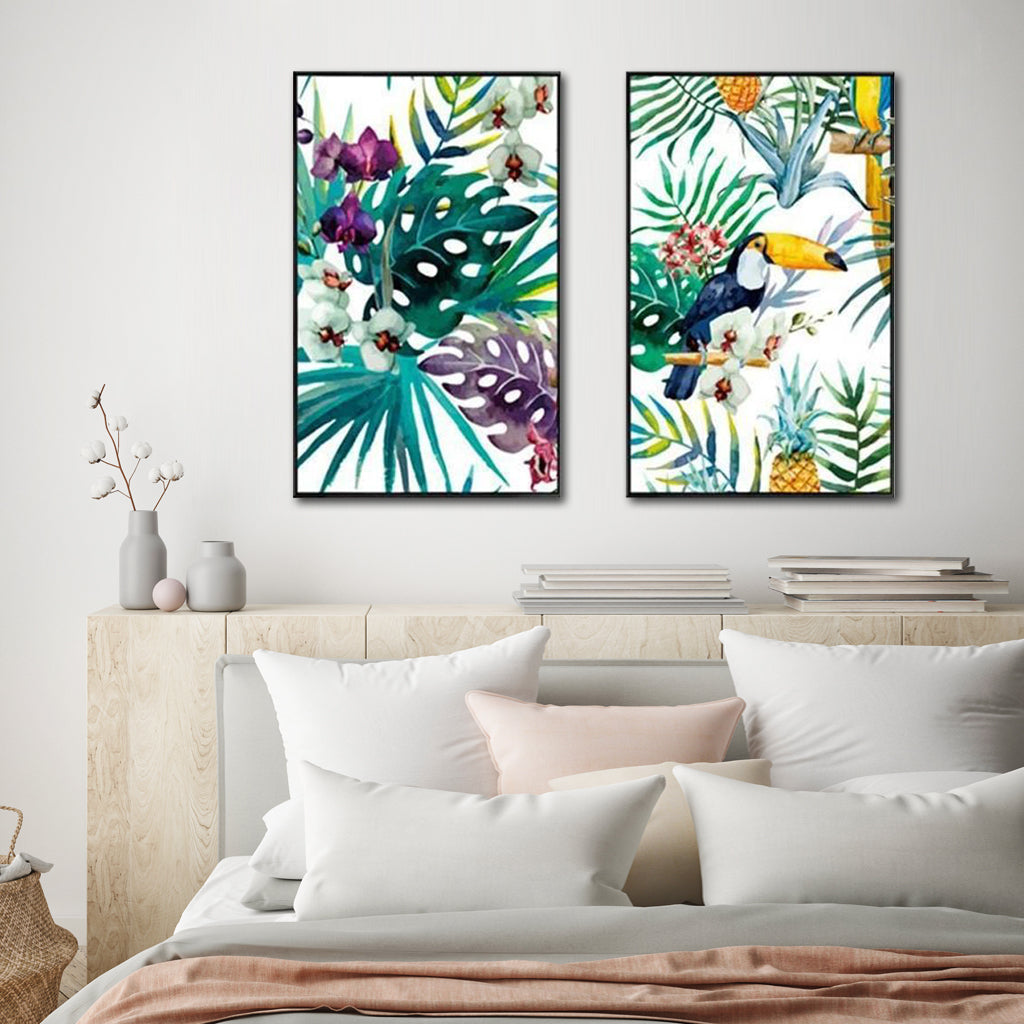 Wall Art 70cmx100cm Toucan and orchid 2 Sets Black Frame Canvas