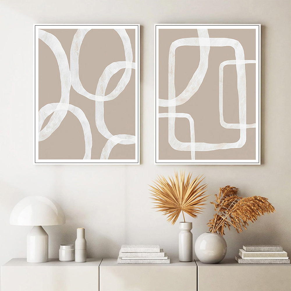 Wall Art 70cmx100cm Abstract White Lines 2 Sets White Frame Canvas