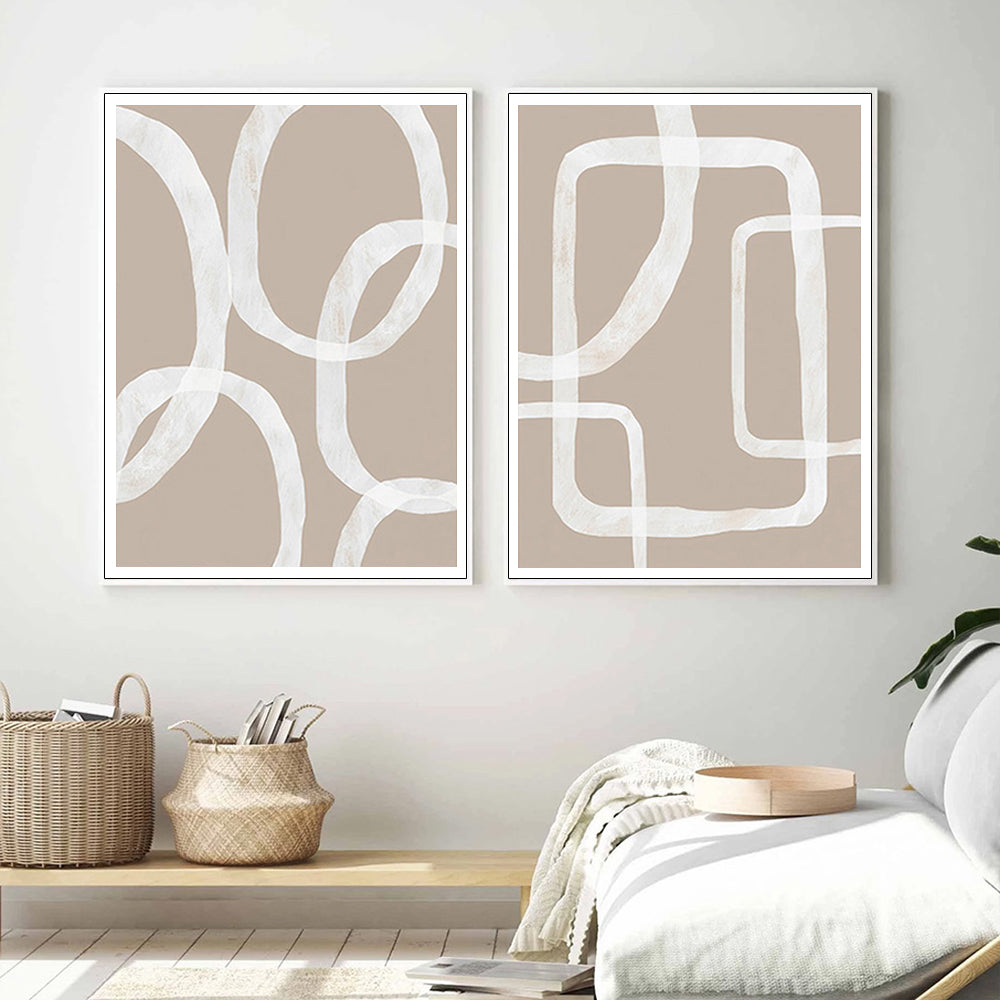 Wall Art 70cmx100cm Abstract White Lines 2 Sets White Frame Canvas