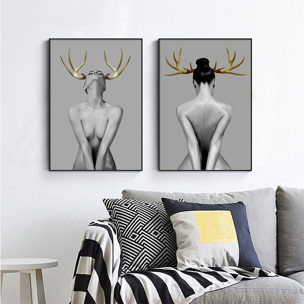 Wall Art 50cmx70cm Girl With Gold Horn 2 Sets Black Frame Canvas