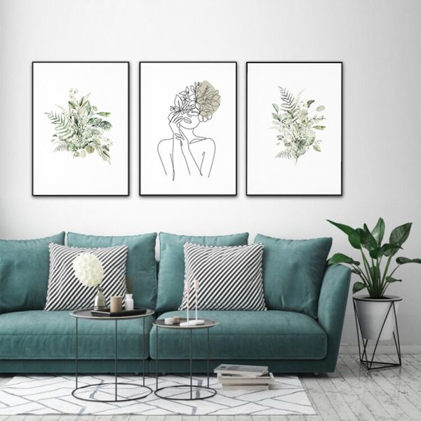 Wall Art 40cmx60cm Botanical Line Girl 3 Sets Black Frame Canvas