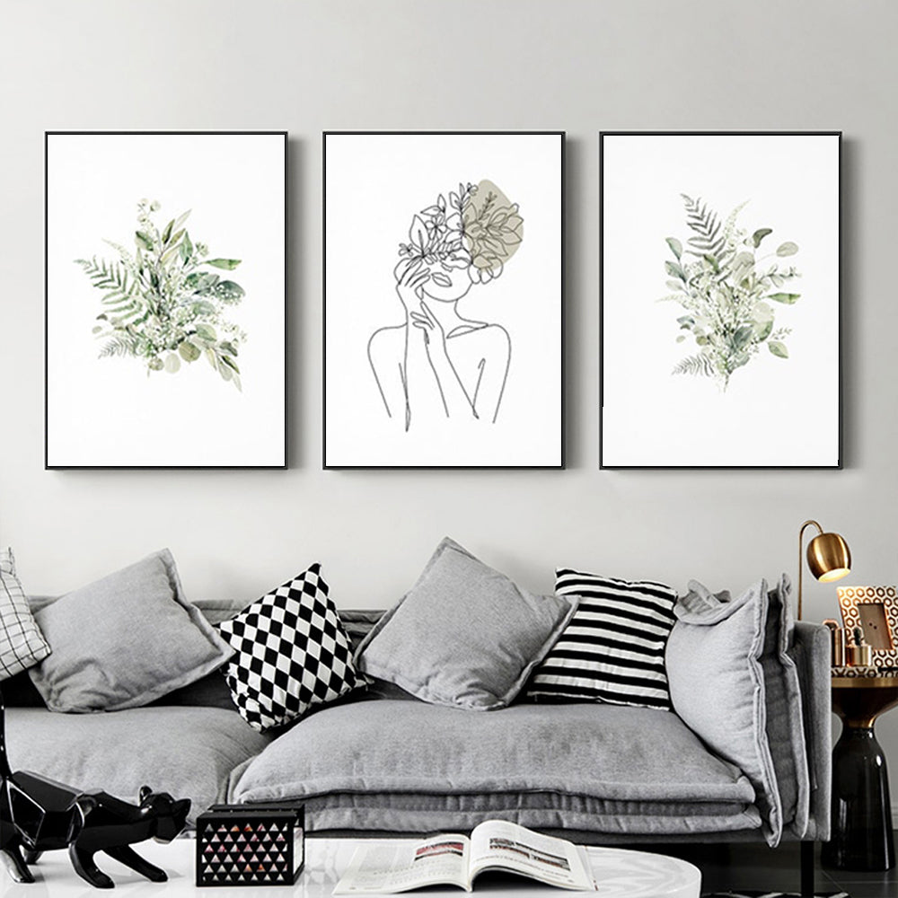 Wall Art 60cmx90cm Botanical Line Girl 3 Sets Black Frame Canvas