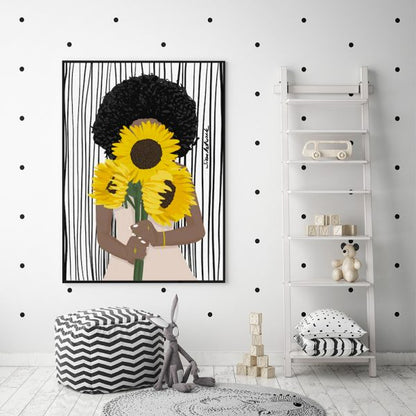 Wall Art 90cmx135cm African Woman Sunflower Black Frame Canvas