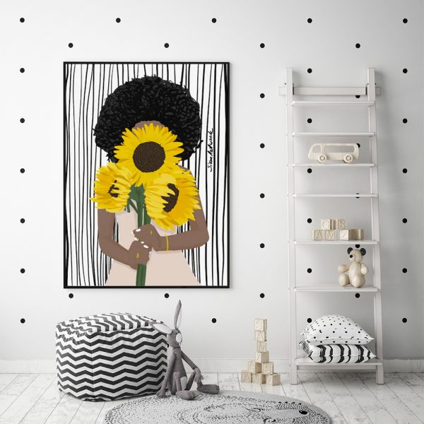 Wall Art 60cmx90cm African Woman Sunflower Black Frame Canvas