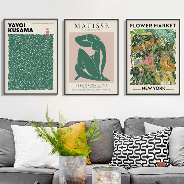 Wall Art 40cmx60cm Flower Market, Matisse Print, Yayoi Kusama 3 Sets Black Frame Canvas