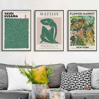 Wall Art 40cmx60cm Flower Market, Matisse Print, Yayoi Kusama 3 Sets Black Frame Canvas