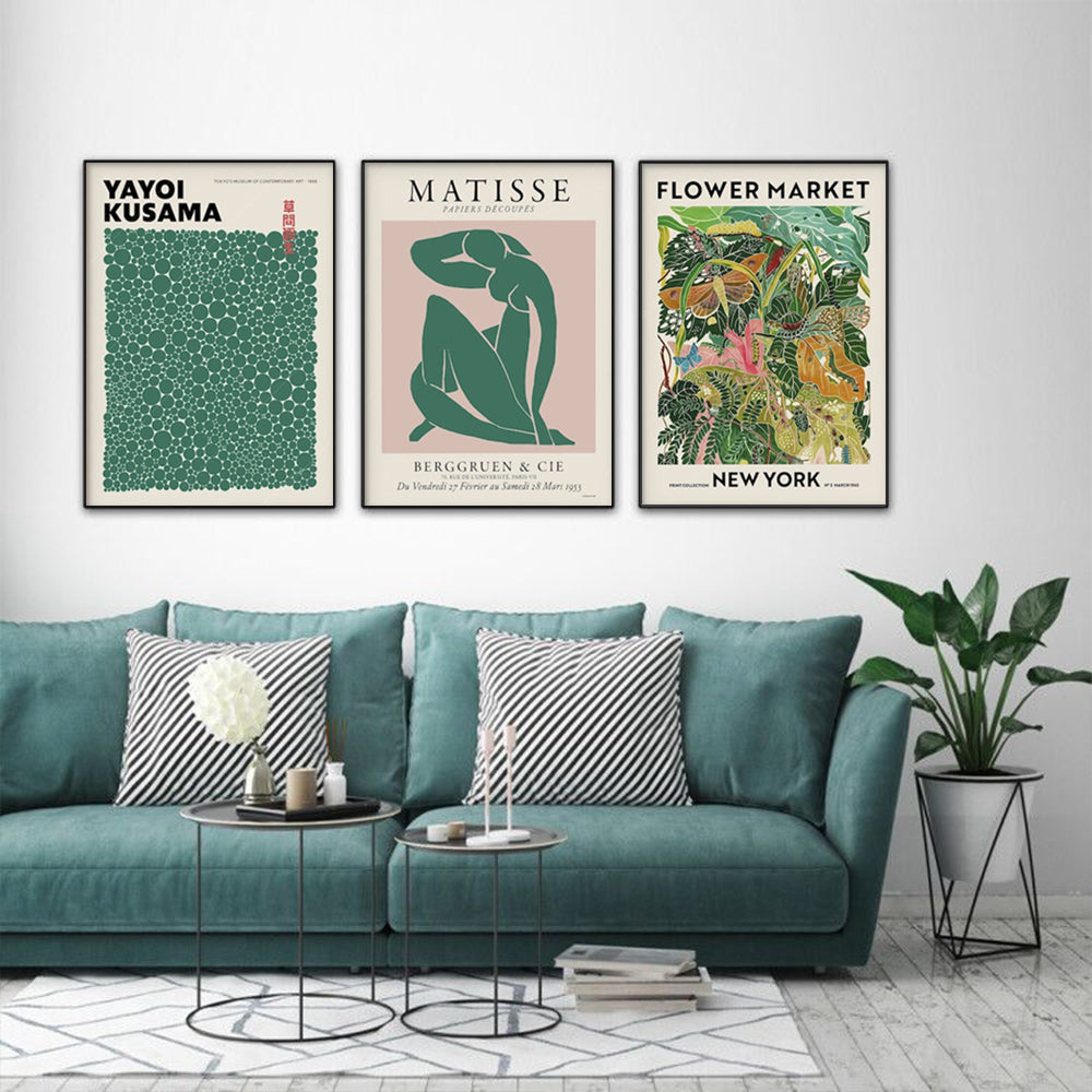 Wall Art 100cmx150cm Flower Market, Matisse Print, Yayoi Kusama 3 Sets Black Frame Canvas