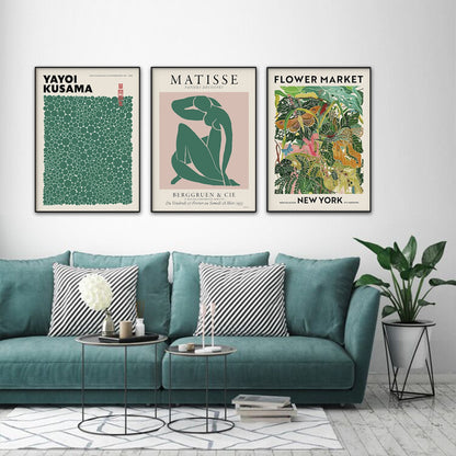 Wall Art 60cmx90cm Flower Market, Matisse Print, Yayoi Kusama 3 Sets Black Frame Canvas