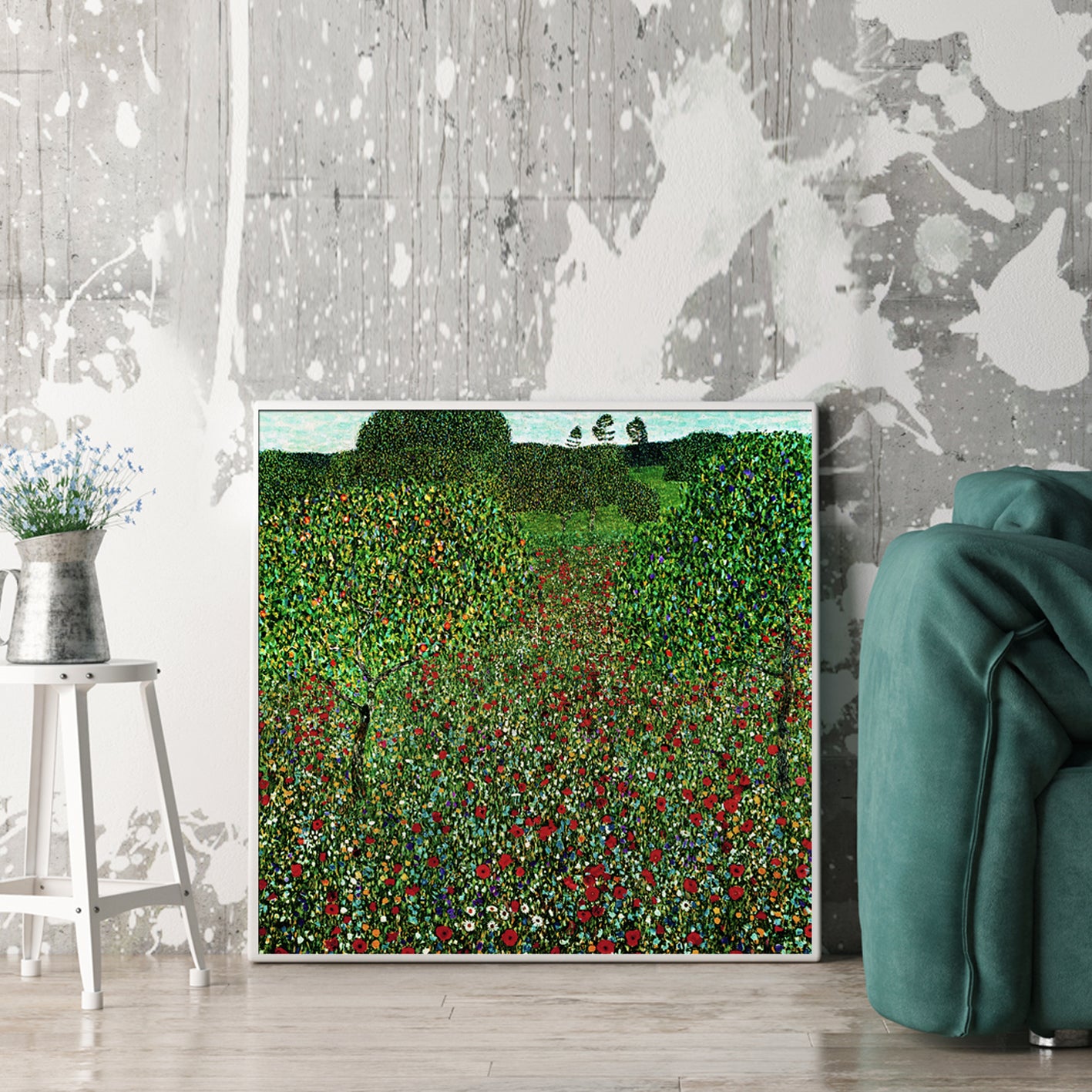 Wall Art 50cmx50cm Field of Poppies by Gustav Klimt White Frame Canvas