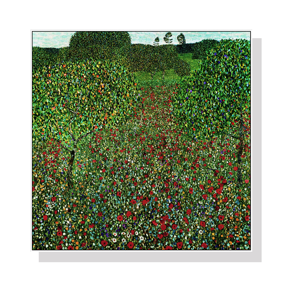 Wall Art 60cmx60cm Field of Poppies by Gustav Klimt White Frame Canvas