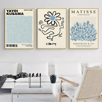 Wall Art 40cmx60cm Blue Matisse,Yayoi Kusama, Keith Haring Mix Art 3 Sets Gold Frame Canvas