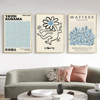 Wall Art 40cmx60cm Blue Matisse,Yayoi Kusama, Keith Haring Mix Art 3 Sets Gold Frame Canvas