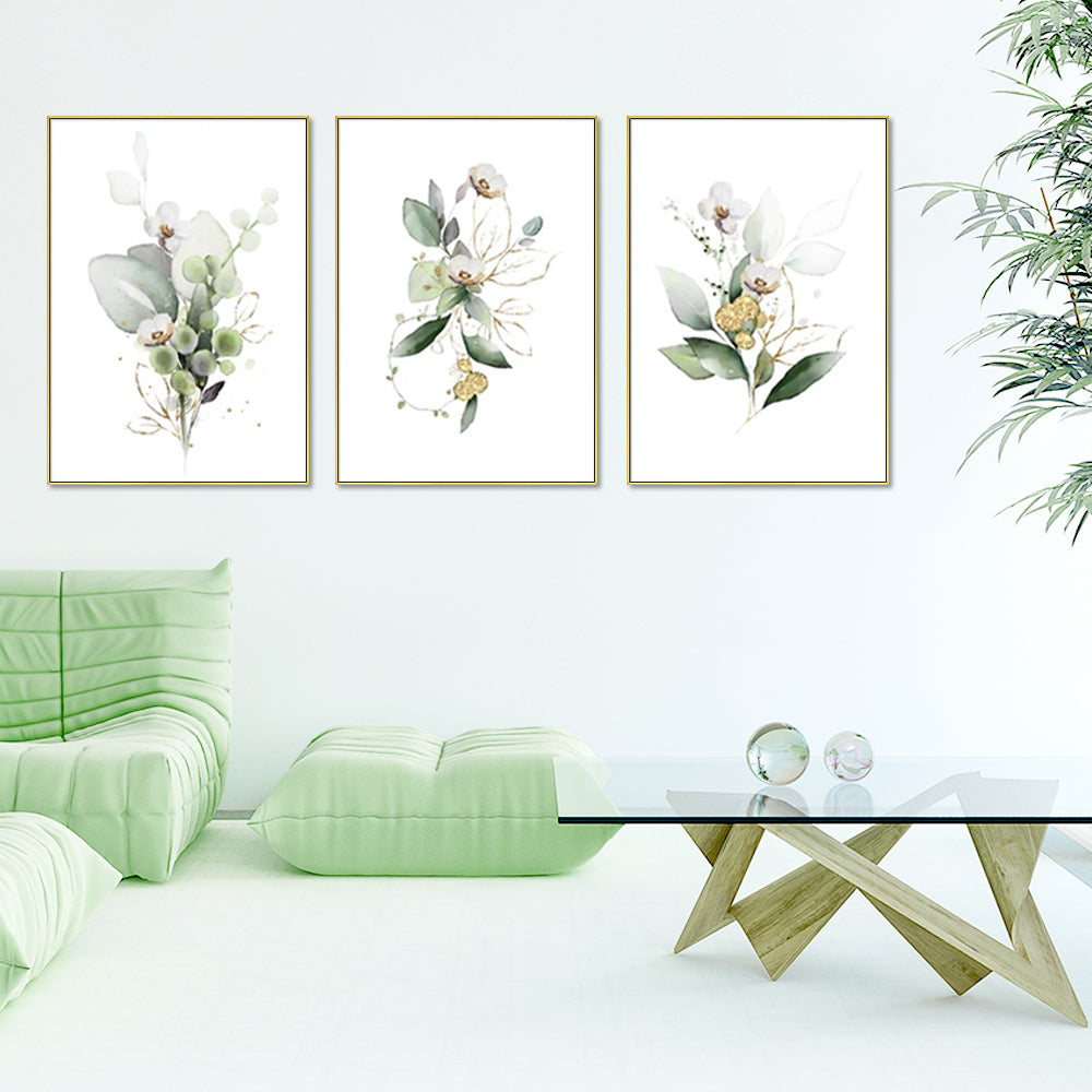 Wall Art 50cmx70cm Green and Gold Watercolor Botanical 3 Sets Gold Frame Canvas