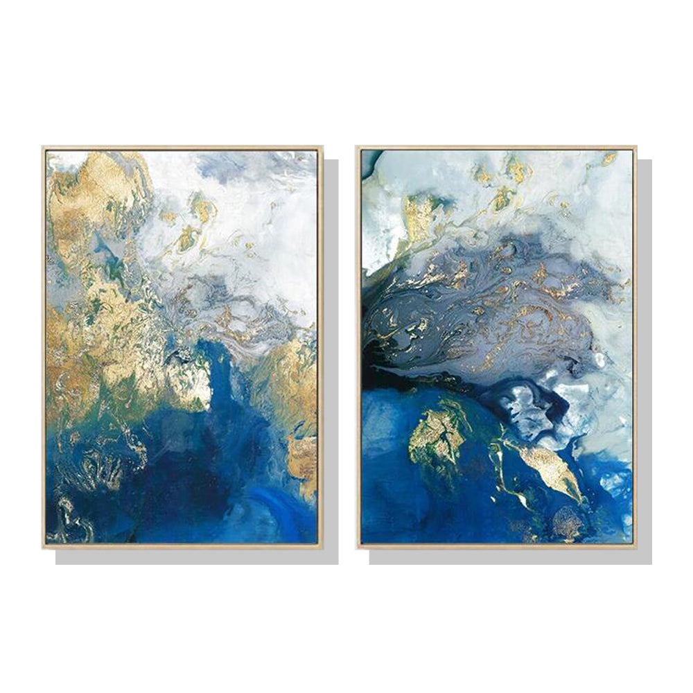 Wall Art 70cmx100cm Marbled Blue And Gold 2 Sets Gold Frame Canvas