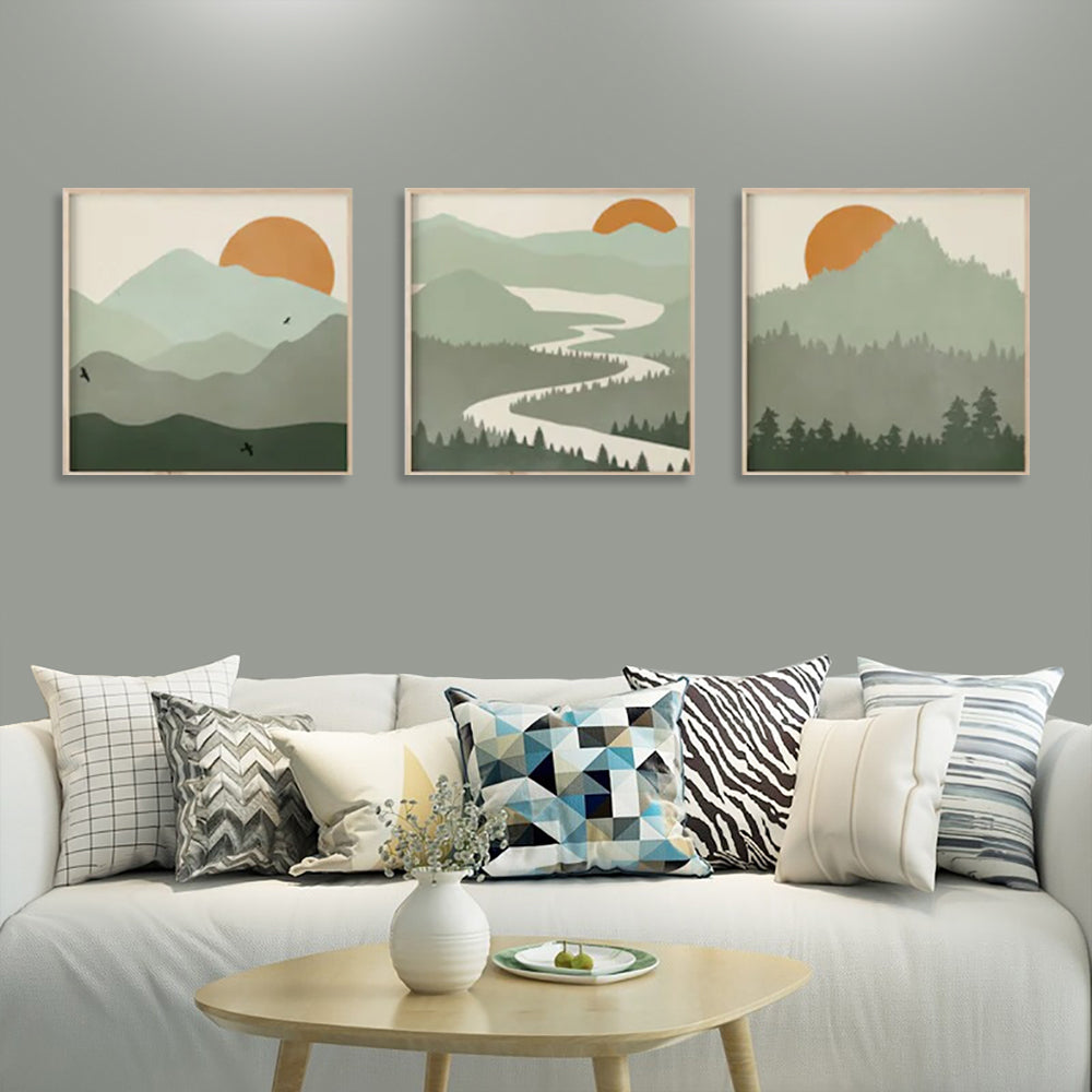 Wall Art 70cmx70cm Sage Green Landscapes 3 Sets Wood Frame Canvas